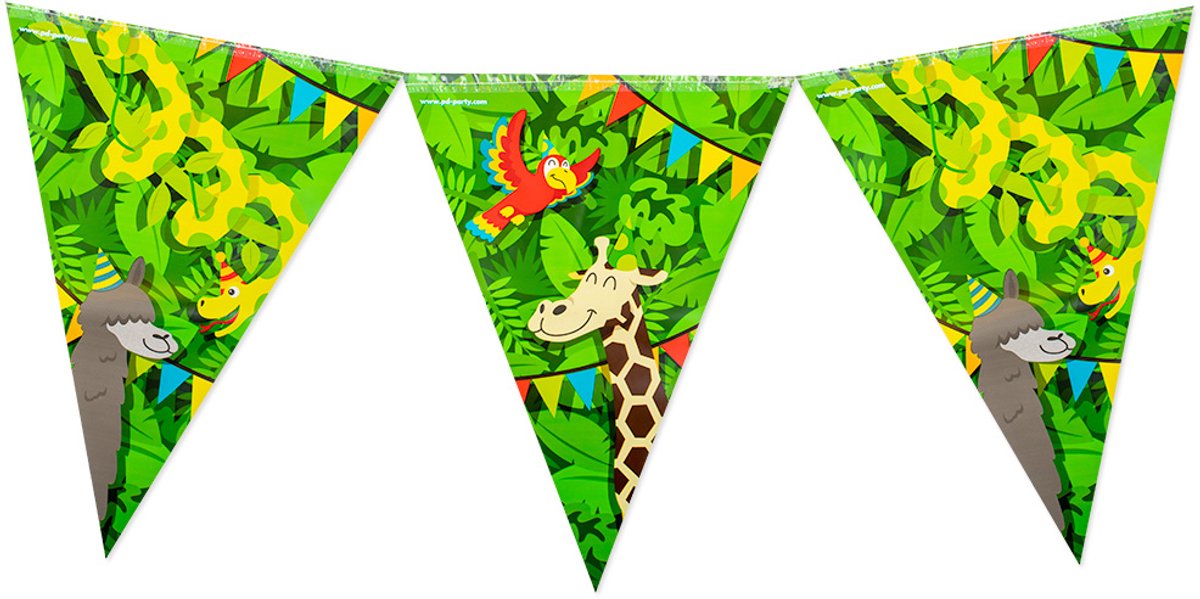 Vlaggenlijn 10 meter | Set á 3 stuks | thema Jungle | 12 vlaggen | dubbelzijdig | 30 cm hoog per vlag